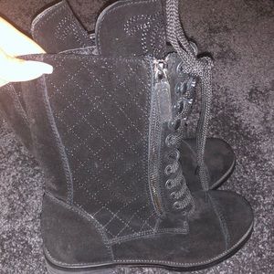 CHANEL black suede leather calfskin  combat boots